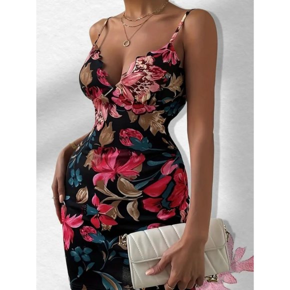 Sexy Floral Bodycon Dress Spaghetti Strap Backless Multicolor Mini Black Pink - Picture 4 of 6